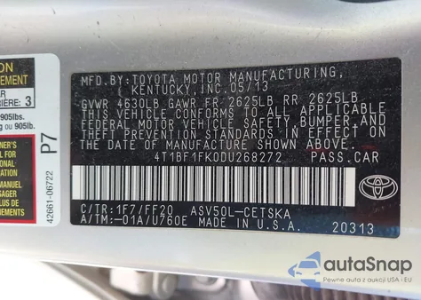 2013 Toyota Camry Se from USA, damaged, VIN 4T1BF1FK0DU268272